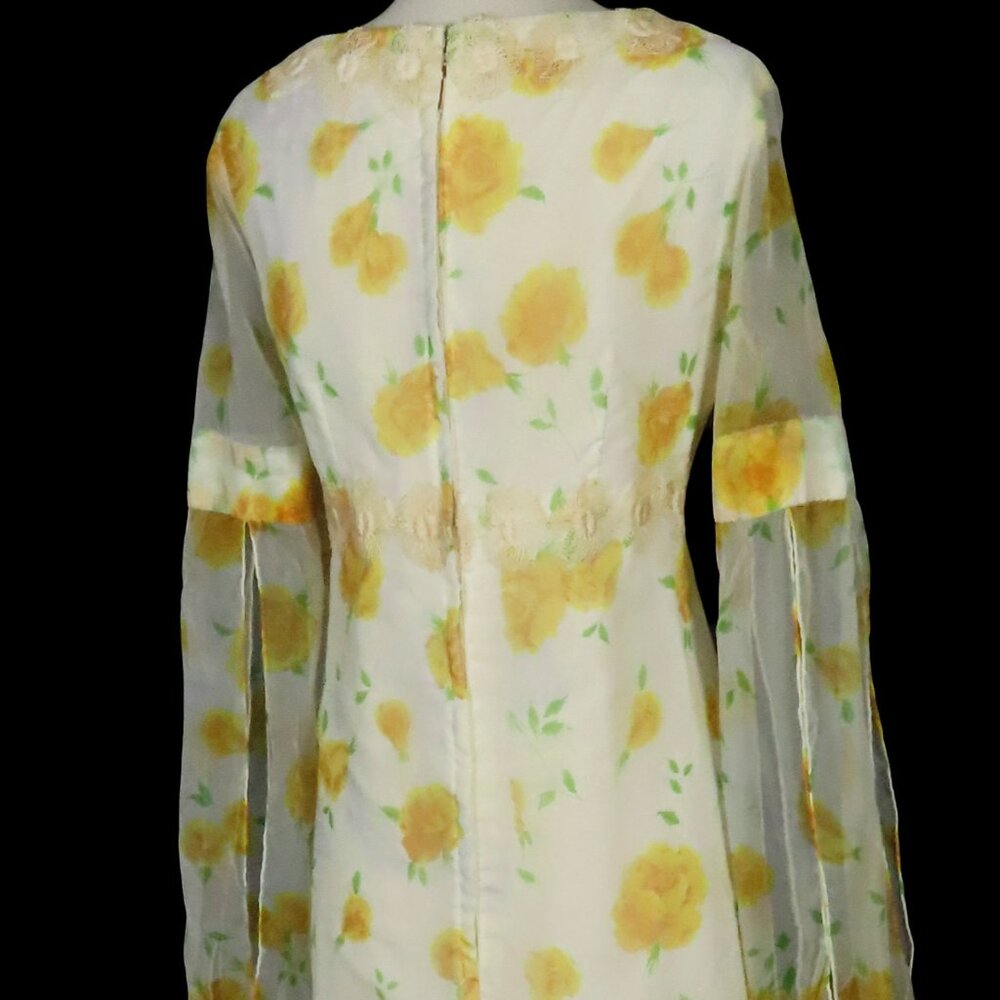 Vintage 70s Yellow Rose Floral Long Split Sleeves Empire Waist Maxi Dress L XL - Picture 16 of 16